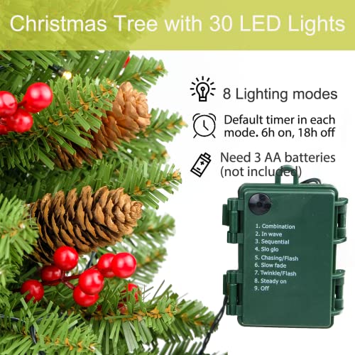 HomeKaren 30-Inch Prelit Christmas Tree (Green) Battery-Operated with Red Berries & Pine Cones