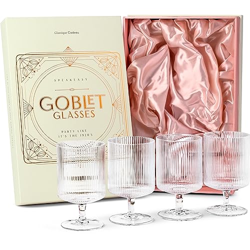 Vintage Art Deco Ribbed Cocktail Glasses Set of 4 - 10 oz Stemware for Whiskey, Gin, Vodka