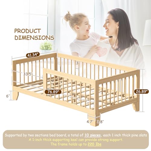 Montessori Twin Floor Bed Frame with Removable Guardrails, Solid Wood