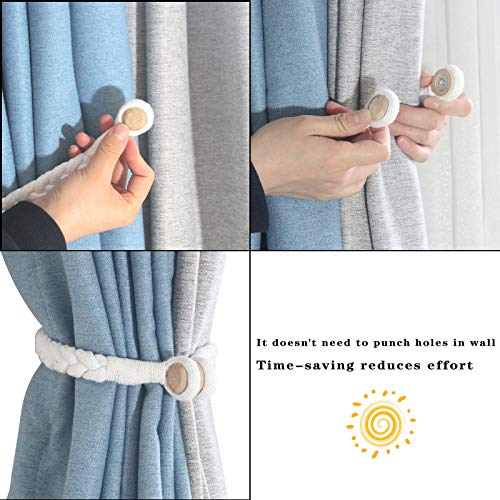 2 Pack Magnetic Curtain Tiebacks, Hand-Woven Cotton Rope Holdbacks