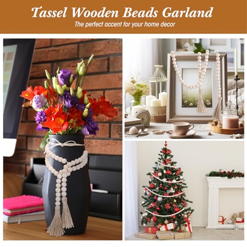 58-Inch Rustic Wood Bead Garland with Tassels, Boho Farmhouse Wall Decor