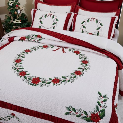 EVENHUG Christmas Quilt Set King Size 3 Pieces with Pillow Shams – Red B Floral Lightweight Bedspread