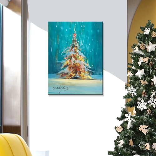 JZLDZS Christmas Tree Canvas Wall Art 24x32 Inches Framed Blue & Yellow Holiday Decor