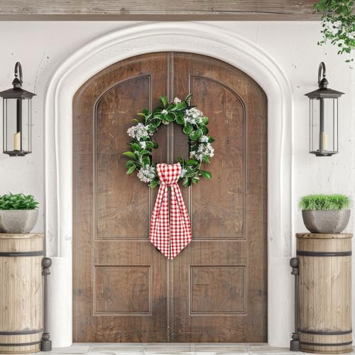 Red and White Buffalo Plaid Seersucker Wreath Sash for Front Door