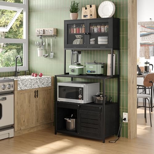 6-Tier Industrial Kitchen Bakers Rack with Power Outlet and Storage Cabinet