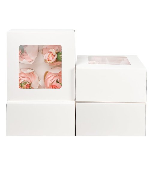 qiqee Auto-pop Up 4 Cupcake Boxes with Window White 30 Packs Cupcake Box 6.3"x6.3"x3" Bakery Boxes For Cupcakes Carrier, Cupcake Containers
