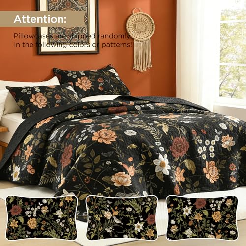 Litanika Floral Black King Quilt Set - 3 Piece Botanical Bedspread Coverlet
