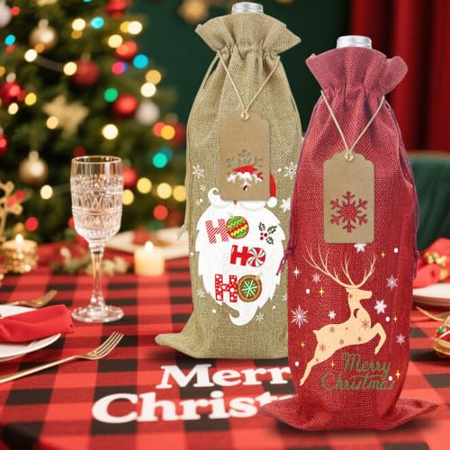 Christmas Wine Bottle Bags 12 Pack Reusable Jute Gift Bags with Winter Patterns