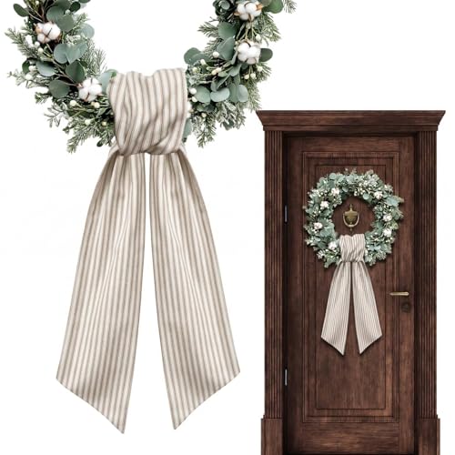 Khaki Striped Burlap Wreath Sash for Front Door Decor - 54 Inch Ribbon