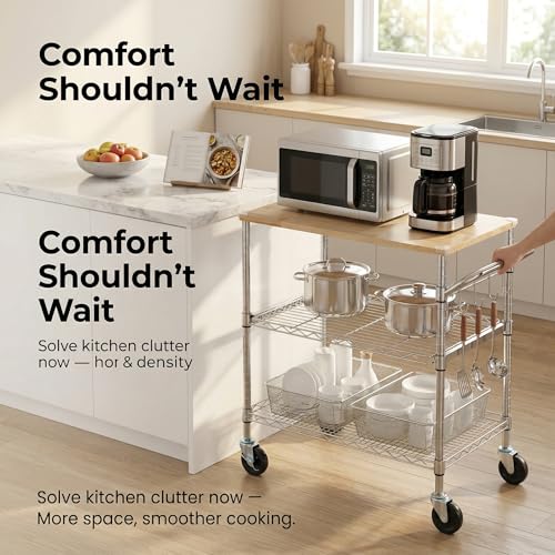 3-Tier Rolling Kitchen Cart with Oak Wood Top, Utility Island with Wheels