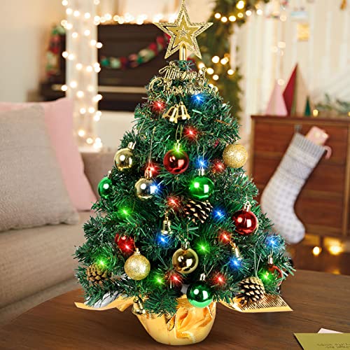 22-Inch Pre-Lit Mini Tabletop Christmas Tree with Ornaments & LED Lights