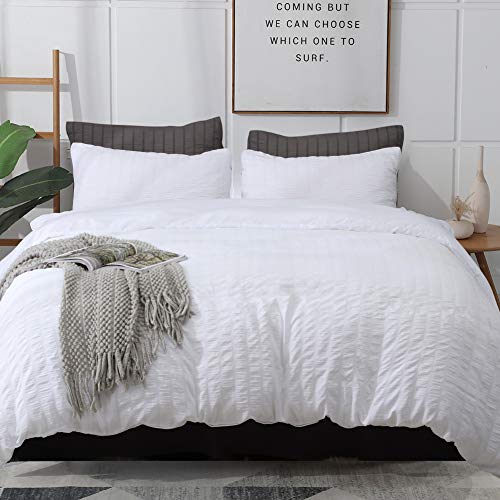 White Queen Seersucker Duvet Cover Set - Soft Washed Microfiber Bedding