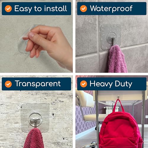 Clear Adhesive Wall Hooks, Heavy Duty No-Drill Hooks, 12 Pack
