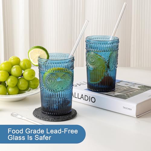 13oz Vintage Flower Drinking Glasses Set with Straws - 6 Piece Blue Glassware