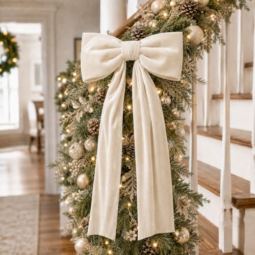 Senjie Extra-Large Beige Velvet Christmas Tree Topper Bow 16in x 35in