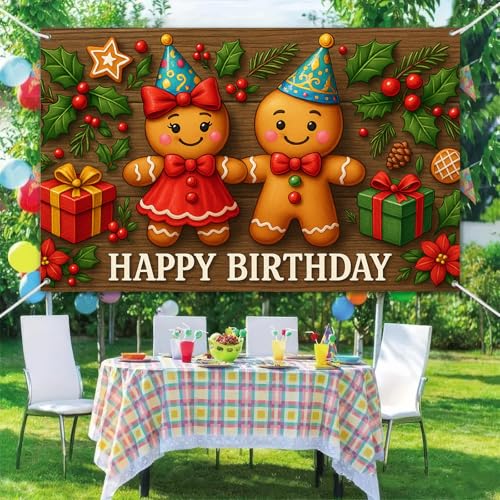 HOMETITUTE Gingerbread Happy Birthday Backdrop Banner 71x43 Inch - Rustic Holiday Party Decor, Pattern*2