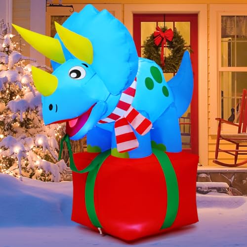5FT Christmas Inflatable Dinosaur with Gift Box Outdoor Decor