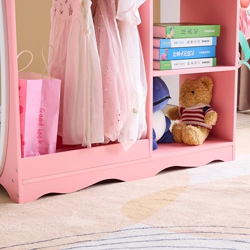 Kids Dollhouse Dress Up Storage Wardrobe with Mirror and Hanging Rod