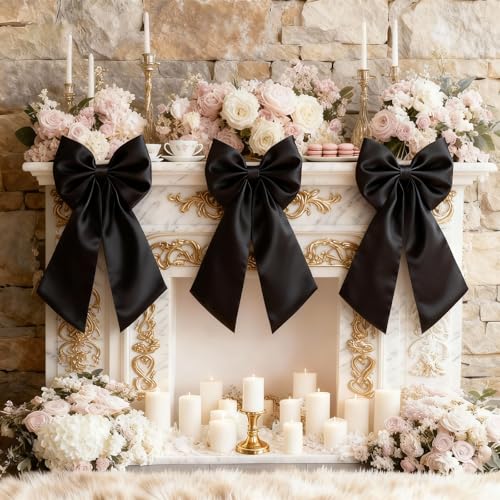 Froova 3-Pack 23x11 in Black Satin Bows for Wedding, Decor & Crib, Reusable