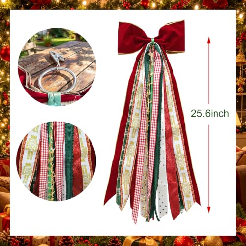 OXWIND Red Velvet Christmas Bow – 11in Wide, 28in Bow Head + 65cm Streamers, Wreath & Tree Decor Bundle (Christmas Ribbon with Bows)