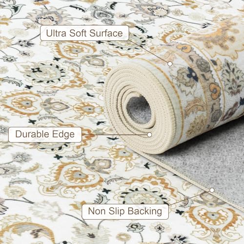 5x7 Washable Vintage Area Rug - Soft Non-Slip Beige Floral Boho Rug