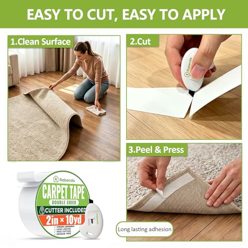 Double-Sided Carpet Tape for Area Rugs with Anti-Stick Cutter, No-Residue