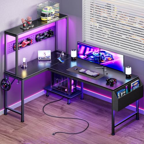 L-Shaped Gaming Desk with LED Lights, Power Outlets, and Pegboard