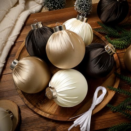Bornerwhite Champagne Brown Satin Christmas Ornaments Set of 15 - 3.15 Inch Holiday Tree Decorations