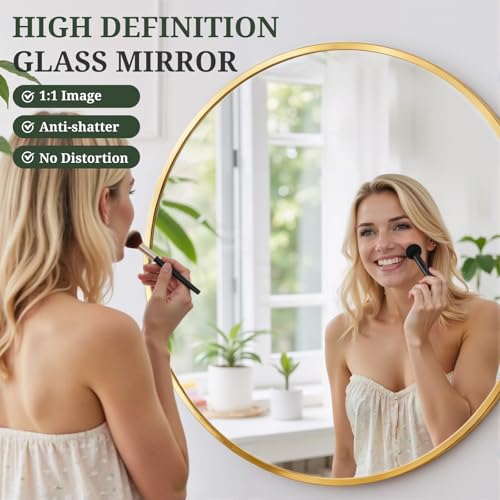 SageNest 30 Inch Gold Round Wall Mirror with Metal Frame - Modern Vanity, Entryway & Bathroom Decor