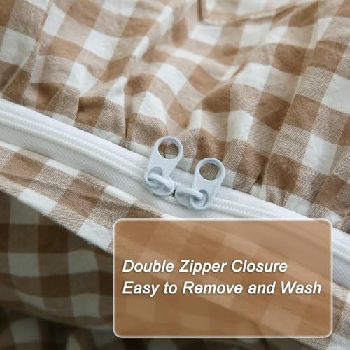Taupe Plaid Gingham Ruffle Duvet Cover Set - 100% Washed Cotton Queen Size