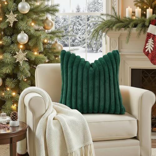 DecorUhome Faux Fur Throw Pillow Covers 26x26 in Green, Set of 2 - Christmas