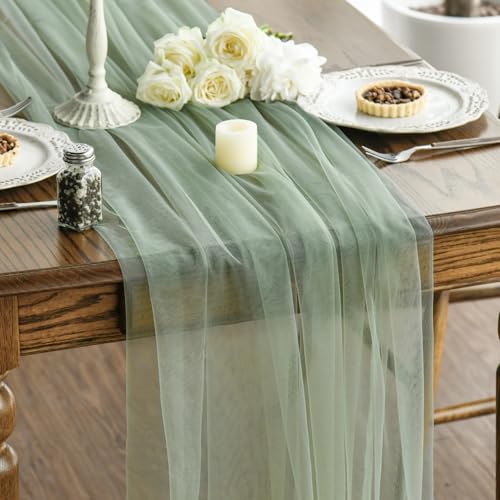 Artoid Mode 59 x 120 Inch 3pc Sage Green Gauze Table Runner – Seasonal Decor