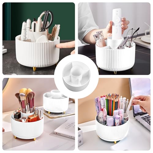 Diesisa White Rotating Makeup Brush Organizer with 5 Slots, 360° Spin Cosmetic Storage