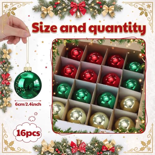 16 Pack Christmas Glass Ornaments - Red Green Gold Shiny Holiday Decorations