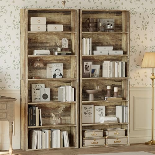 70-Inch 6-Tier Tall Bookshelf Set of 2, Industrial Wood Display Shelves