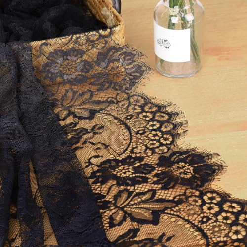 QueenDream Black Lace Tablecloth 10FT Rectangle Wedding Overlay 2 Pack - Floral Vintage Fabric for Events & Halloween