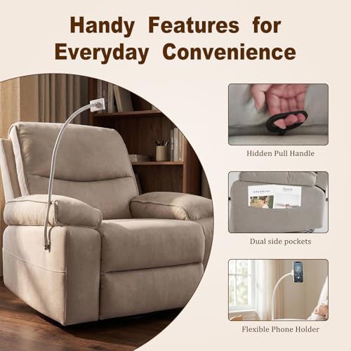 Oversized Swivel Glider Rocking Chair with Phone Holder & Recliner, Beige