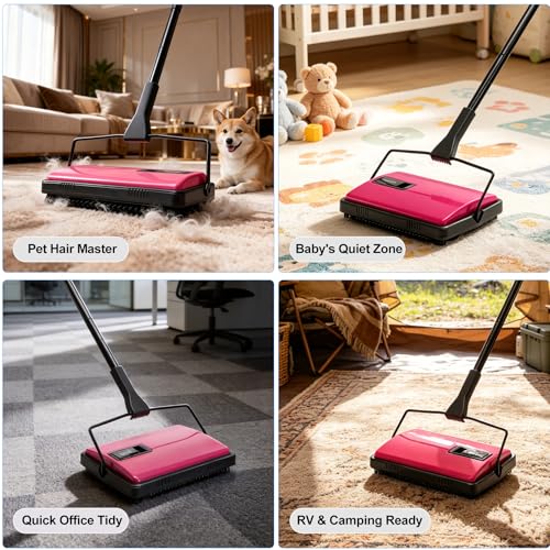 Manual Carpet Sweeper for Pet Hair with Extra Roller & Easy-Empty Bin