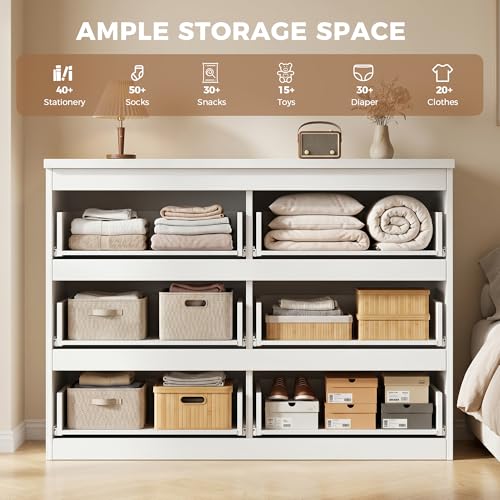 Modern 6-Drawer Double Dresser for Bedroom, White Wood Storage Chest