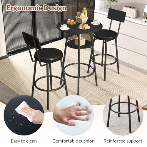3-Piece Pub Table and Bar Stool Set with Cushioned Seats - Black