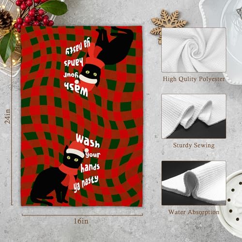 Christmas Black Cat Santa Hat Kitchen Towels - Red & Green Checkered Hand Towels, 16x24in, Gift for Cat Lovers