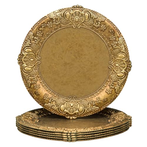 Antique Gold Charger Plates, 13-Inch Embossed Round Table Chargers (Set of 6)