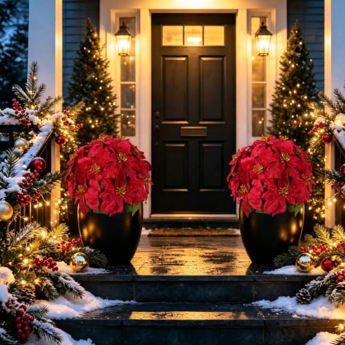MHMJON 2 Pack 17-Inch Artificial Poinsettias in Pot for Christmas Holiday Decor
