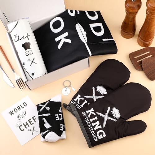 Chef Gift Set for Men - Kitchen Baking Cooking Accessories with Tumbler Apron Oven Mitts Socks & Keychain