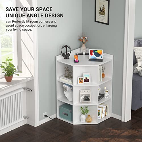 4-Tier Corner Storage Cabinet with Charging Station and USB Ports, White