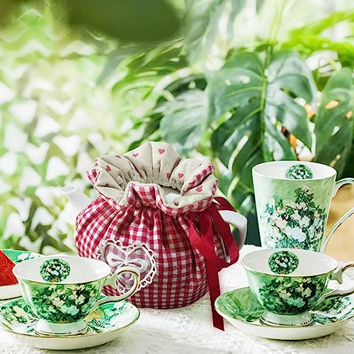 Insulated Tea Cozy Set, Green Floral Cotton Teapot Cover Warmer