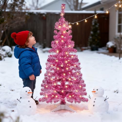 Juegoal Pink 4 ft Pre-lit Christmas Tree with 8 Lighting Modes, Battery Powered