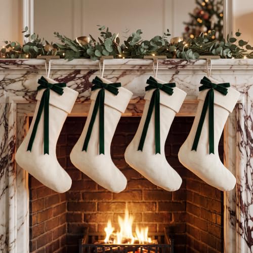 4 Pcs Linen 18in Christmas Stockings with Velvet Green Bow – Farmhouse Holiday Set