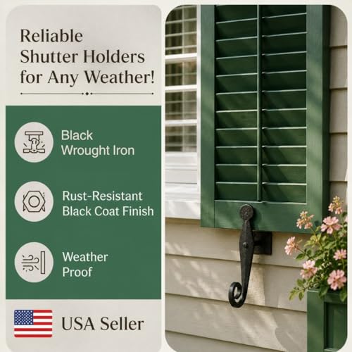 5.5-Inch Wrought Iron Shutter Dogs - Black Rat Tail Design (Pack of 2)