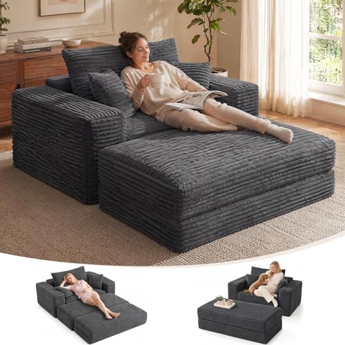 Oversized Corduroy Sleeper Chair with Ottoman, 3-in-1 Convertible Lounge